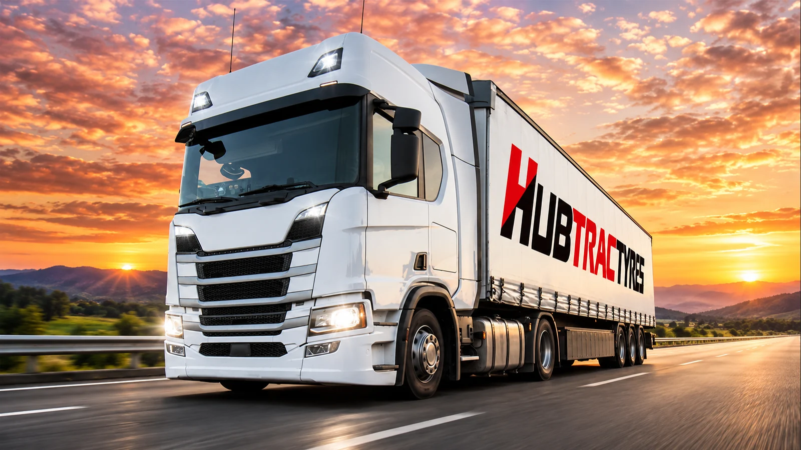 Бял влекач с полуремарке HUBTRAC TYRE на път при залез, с изцяло видими колела