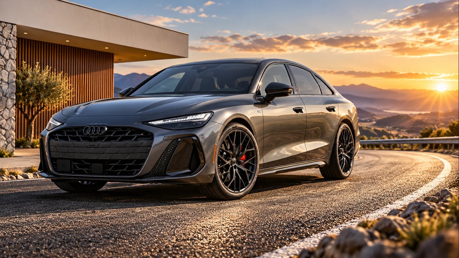 Сив лек автомобил Audi на път при залез, с ясно видими гуми и джанти